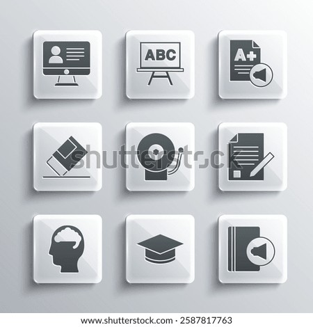 Set Graduation cap, Audio book, Exam sheet and pencil, Ringing alarm bell, Human brain, Eraser or rubber, Online class and with plus grade icon. Vector