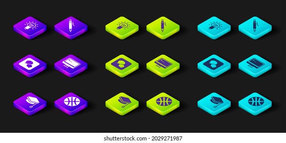 Set Graduation cap, Basketball ball, Speech bubble chat, Computer monitor, Pen and Light bulb icon. Vector