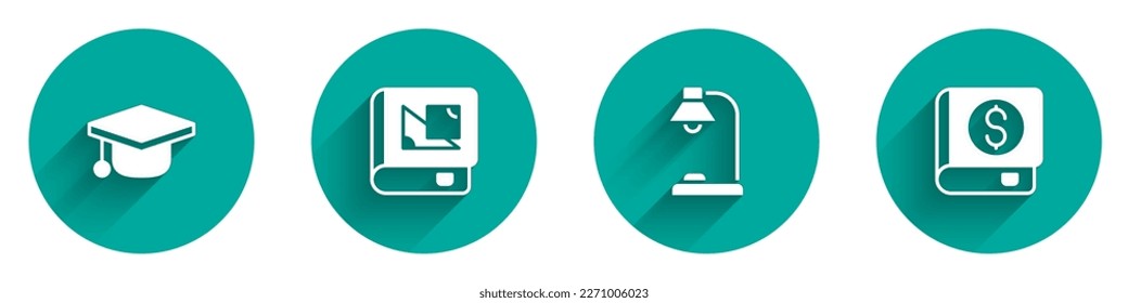 Set Graduation cap, Book about geometry, Table lamp and Financial book icon with long shadow. Vector