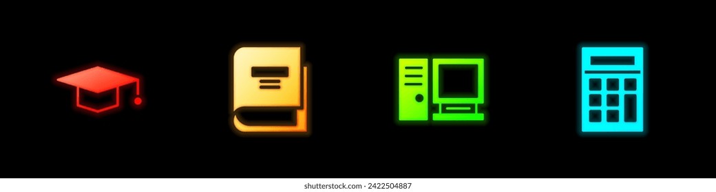 Set Graduation cap, Book, Computer monitor and Calculator icon. Vector