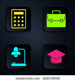 Set Graduation cap, Calculator, Table lamp and Briefcase. Black square button. Vector