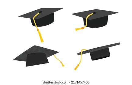 Set Of Graduation Cap Clipart. Graduation Cap Watercolor Style Vector Design Illustration Isolated On White Background. Black Graduation Hat Cartoon Hand Drawn Doodle Style. Graduate Symbol