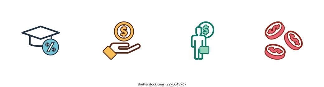 Set Graduation cap and coin, Hand giving money, Business man planning mind and Coin with dollar icon. Vector