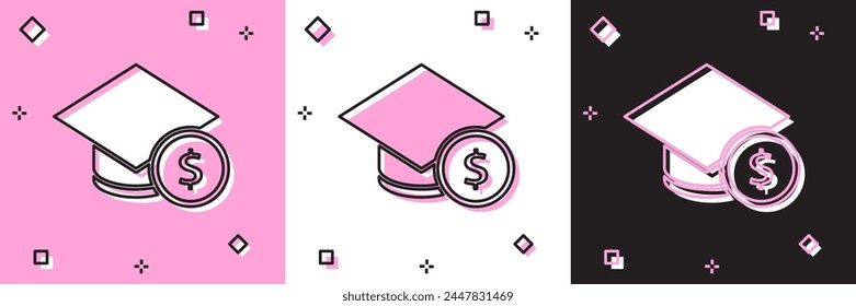 Set Graduation cap and coin icon isolated on pink and white, black background. Education and money. Concept of scholarship cost or loan, tuition or study fee.  Vector