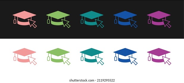 Setzen Sie eine Graduationskappe mit einem Cursorsymbol einzeln auf schwarz-weißem Hintergrund. Weltbildungssymbol. Konzept des Online-Lernens oder eLearning.  Vektorgrafik