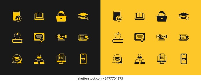 Set Graduation cap with cursor, Online class, Web camera, quiz, test, survey, Certificate template, Student working laptop, Audio book and  icon. Vector