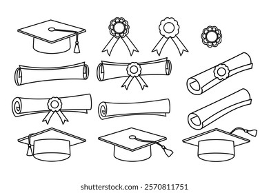 Set of graduation cap, diploma, and award ribbon. Black and white outline illustrations isolated on a white background. Education and academic achievement icons for design and print.