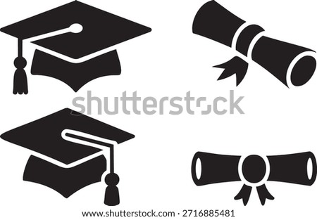 Set of graduation cap and diploma icons isolated on transparent background
