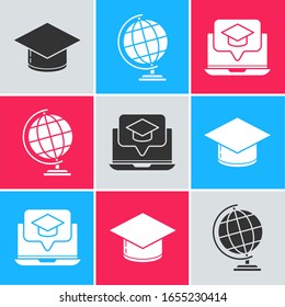 Set Graduation cap, Earth globe and Graduation cap on screen laptop icon. Vector