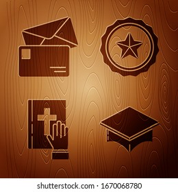 Set Graduation cap, Envelope, Oath on the Holy Bible and Police badge on wooden background. Vector