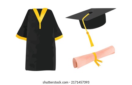 Set Of Graduation Cap, Gown And Diploma Clipart. Graduation Uniform Watercolor Style Vector Illustration Isolated On White Background. Graduation Cap Cartoon Clipart. Graduation Gown, Diploma Scroll