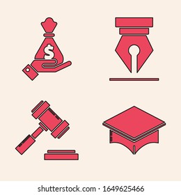 Set Graduation cap, Hand holding money bag, Fountain pen nib and Judge gavel icon. Vector