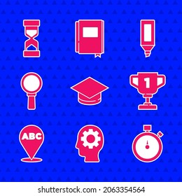 Set Graduation cap, Head with gear inside, Stopwatch, Award cup, Alphabet, Magnifying glass, Marker pen and Old hourglass sand icon. Vector