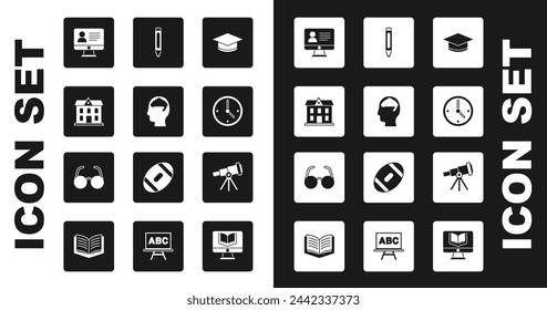 Set Graduation cap, Human brain, School building, Online class, Clock, Marker pen, Telescope and Glasses icon. Vector