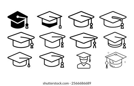 Set of Graduation Cap Icon Illustrations, Collection of graduation cap icons in various minimalist styles, perfect for education, academic achievements, or commencement themes.