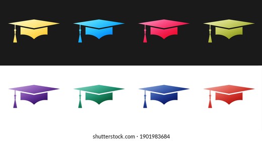 Set Graduation cap icon isolated on black and white background. Graduation hat with tassel icon. Vector.