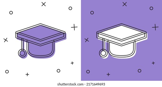Set Graduation cap icon isolated on white and purple background. Graduation hat with tassel icon.  Vector