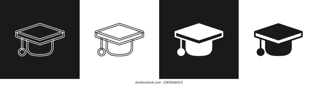Establecer el icono de la tapa de graduación aislado en fondo blanco y negro. Sombrero de graduación con icono de tacón.  Vector
