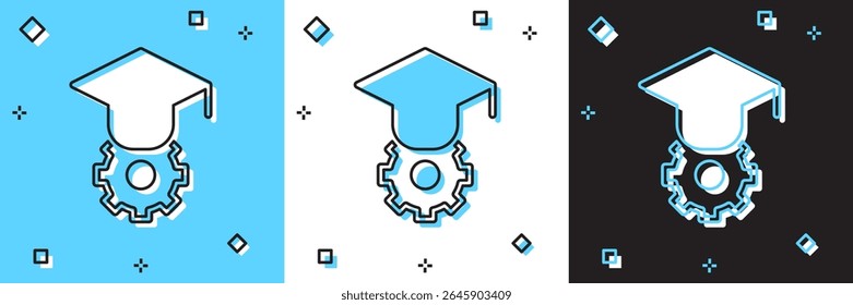 Set Graduation cap icon isolated on blue and white, black background. Graduation hat with tassel icon.  Vector