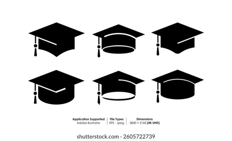 Set of graduation cap icon shapes. Academic cap. Black cap and diploma for graduation students