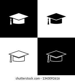 Set Graduation cap icons isolated on black and white background. Graduation hat with tassel icon. Line, outline and linear icon. Vector Illustration