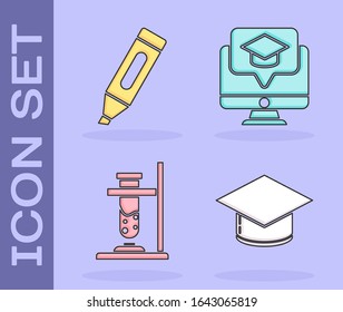 Set Graduation cap, Marker pen, Glass test tube flask on fire and Monitor with graduation cap icon. Vector