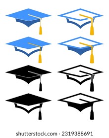Set of Graduation cap, mortar board icons. Vector illustration of Academic caps. Student hat icon use for print, web and app.