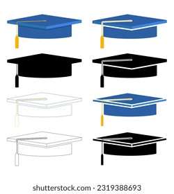 Set of Graduation cap, mortar board icons. Vector illustration of Academic caps. Student hat icon use for print, web and app.