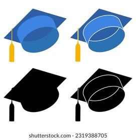 Juego de gorra de graduación, iconos de la placa de mortero. Ilustración vectorial de los topes académicos. Icono de sombrero estudiantil para imprimir, web y aplicación.