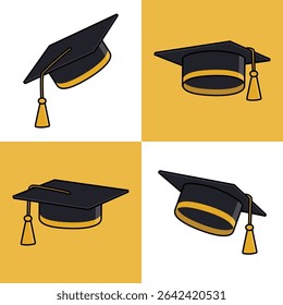 set of graduation cap or mortar hat vector illustration, flat design isolated