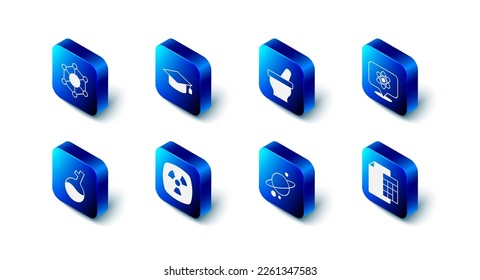 Set Graduation cap, Mortar and pestle, Atom, Calculator, Planet Saturn, Radioactive, Test tube and Molecule icon. Vector