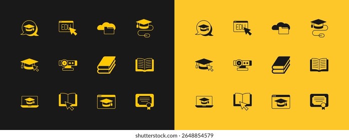 Set Graduation cap with mouse, Online book, Book, education, Web camera, Cloud or online library, speech bubble and  icon. Vector