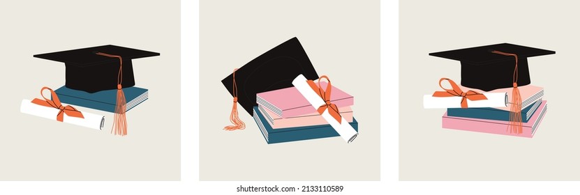 Set of graduation cap on book stack with diploma. Pile of books, encyclopedias, education and success, university library, academic and school knowledge. Hand drawn vector flat cartoon illustration.