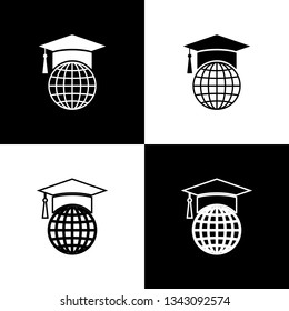 Set Graduation cap on globe icons isolated on black and white background. World education symbol. Online learning or e-learning concept. Line, outline and linear icon. Vector Illustration