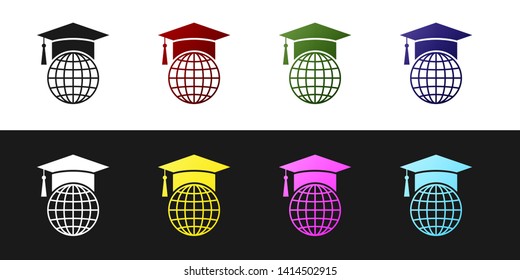 Set Graduation cap on globe icon isolated on black and white background. World education symbol. Online learning or e-learning concept. Vector Illustration