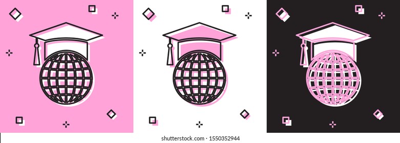 Set Graduation cap on globe icon isolated on pink and white, black background. World education symbol. Online learning or e-learning concept.  Vector Illustration