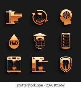 Set Graduation cap on globe, Coffee machine and cup, Dental protection, Smartphone with contacts,  and Water drop H2O icon. Vector