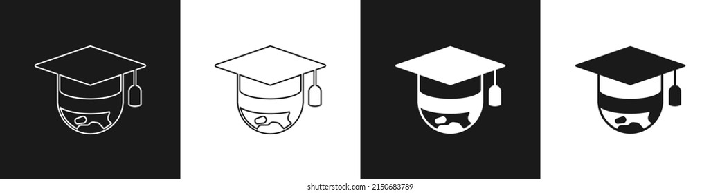 Setzen Sie die Graduationskappe auf das Globus-Symbol einzeln auf schwarz-weißem Hintergrund. Weltbildungssymbol. Konzept des Online-Lernens oder eLearning.  Vektorgrafik