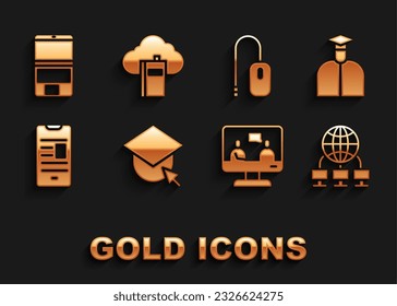 Set Graduation cap on globe, Student, Computer network, Online education, book mobile, mouse, Laptop and Cloud online library icon. Vector