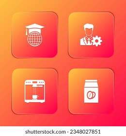 Set Graduation cap on globe, Profile settings, Coffee machine and cup and beans bag icon. Vector