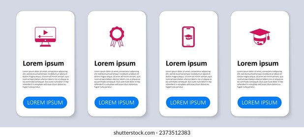 Set Graduation cap on globe, mobile, Online education with diploma and play video. Business infographic template. Vector