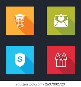 Set Graduation cap on globe, Envelope with Valentine heart, Shield and dollar and Gift box icon. Vector