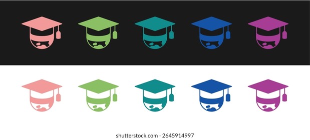 Set Graduation cap on globe icon isolated on black and white background. World education symbol. Online learning or e-learning concept.  Vector