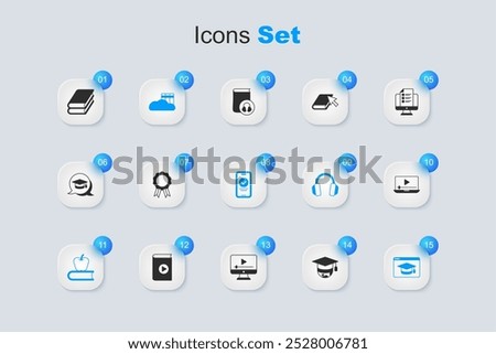 Set Graduation cap on globe, Online education with diploma, Cloud or online library, Book apple, play video,  and quiz, test, survey icon. Vector