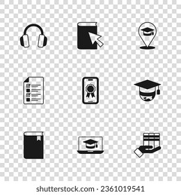 Set Graduation cap on laptop, globe, Book donation, Online education with diploma, Headphones, book and quiz, test, survey icon. Vector