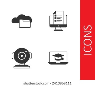 Set Graduation cap on laptop, Cloud or online library, Web camera and Online quiz, test, survey icon. Vector