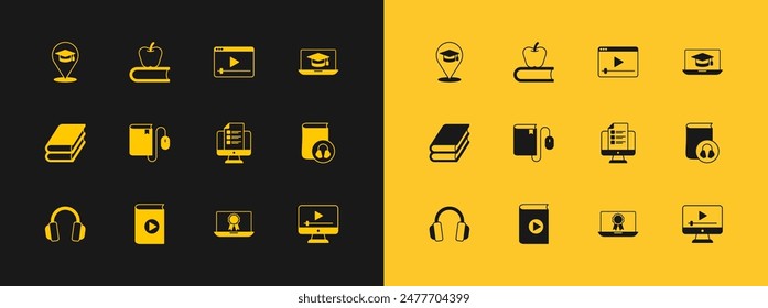 Set Graduation cap on laptop, Audio book, Online quiz, test, survey, education with diploma, Electronic mouse, play video,  and Book apple icon. Vector