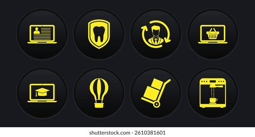 Set Graduation cap on laptop, Shopping basket, Hot air balloon, Hand truck and boxes, Human resources and Dental protection icon. Vector