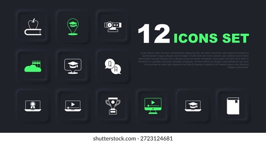 Set Graduation cap on laptop, Book, in speech bubble, Online play video, Cloud or online library, education and Award cup icon. Vector