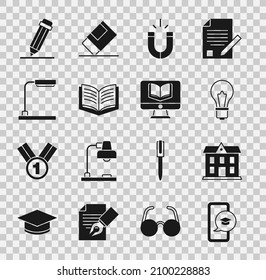Set Graduation cap on mobile, School building, Light bulb with idea, Magnet, Open book, Table lamp, Pencil eraser and Online class icon. Vector